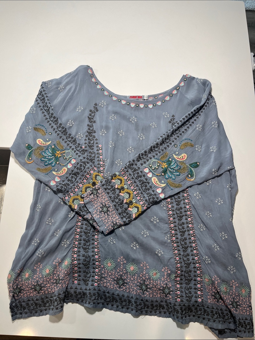 Johnny Was -Grey Tunic with Pink & Teal Heart Embroidery XL